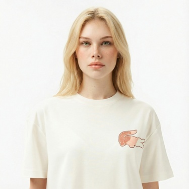  Lacoste Kadın Bisiklet Yaka Baskılı Beyaz T-Shirt