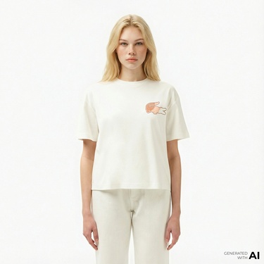  Lacoste Kadın Bisiklet Yaka Baskılı Beyaz T-Shirt