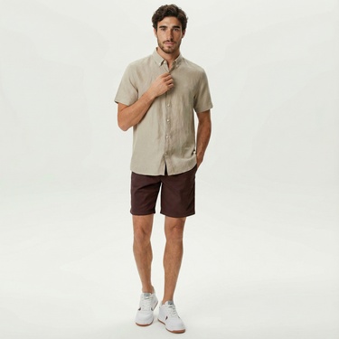  Nautica Erkek Bej Classic Fit Kısa Kollu Keten Gömlek