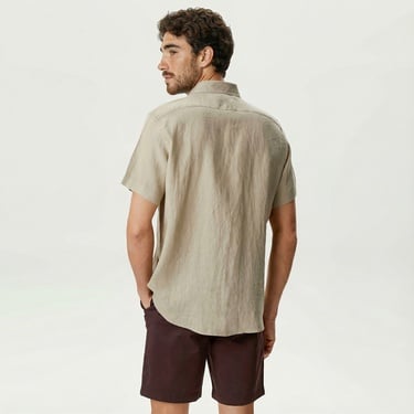  Nautica Erkek Bej Classic Fit Kısa Kollu Keten Gömlek