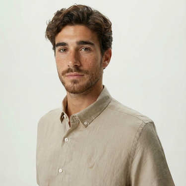  Nautica Erkek Bej Classic Fit Kısa Kollu Keten Gömlek