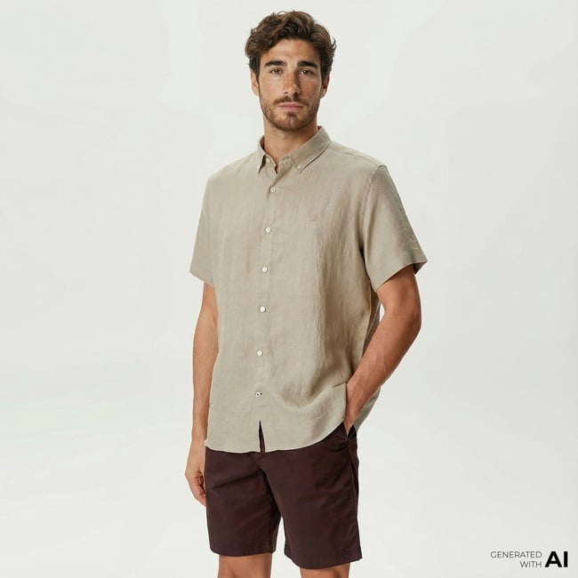  Nautica Erkek Bej Classic Fit Kısa Kollu Keten Gömlek