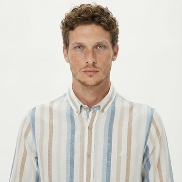  Nautica Erkek Mavi Classic Fit Uzun Kollu Çizgili Gömlek