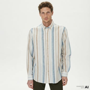  Nautica Erkek Mavi Classic Fit Uzun Kollu Çizgili Gömlek