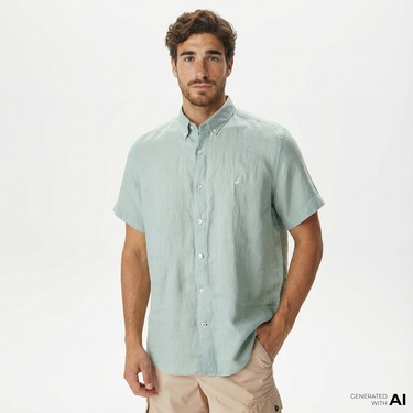  Nautica Erkek Yeşil Classic Fit Kısa Kollu Keten Gömlek