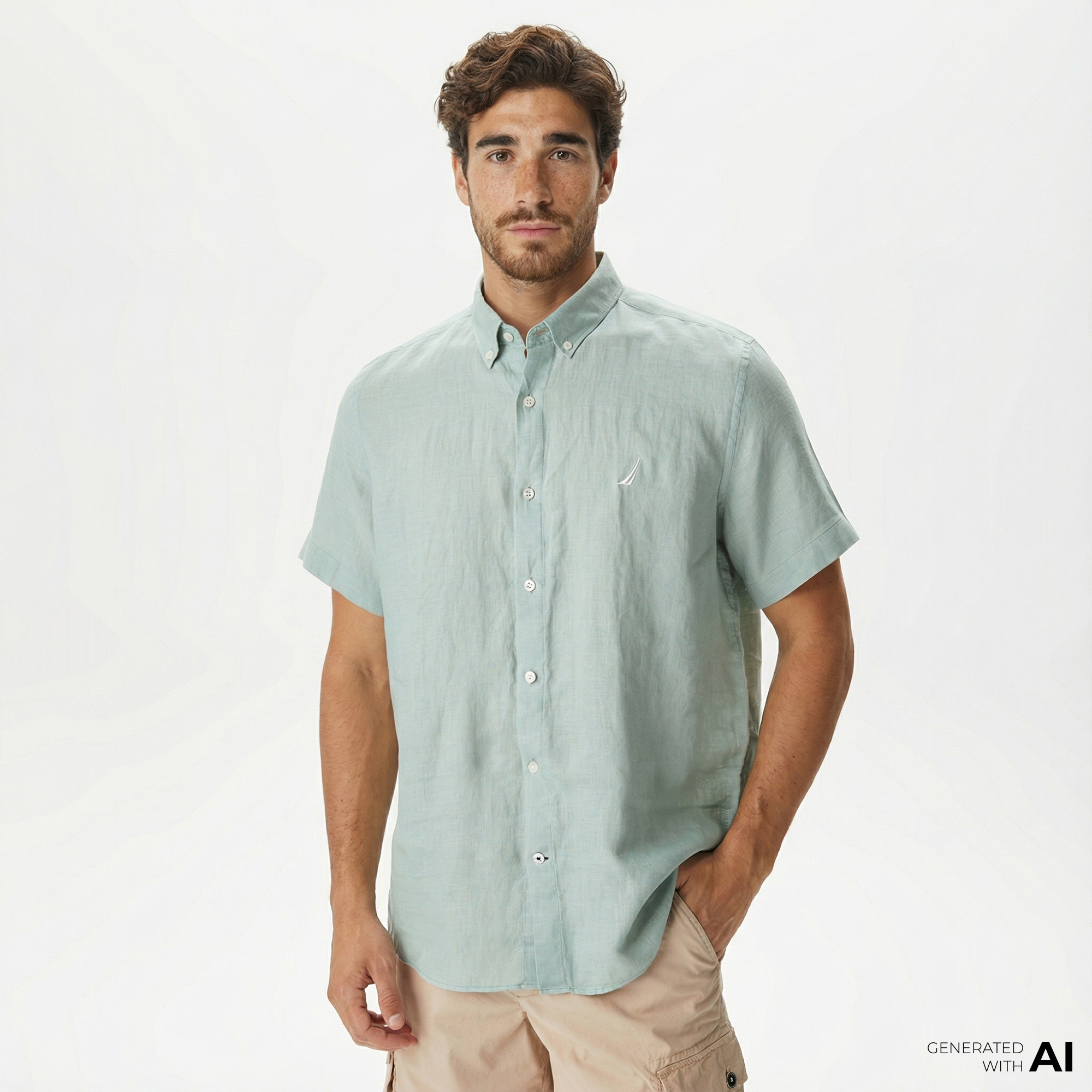  Nautica Erkek Yeşil Classic Fit Kısa Kollu Keten Gömlek
