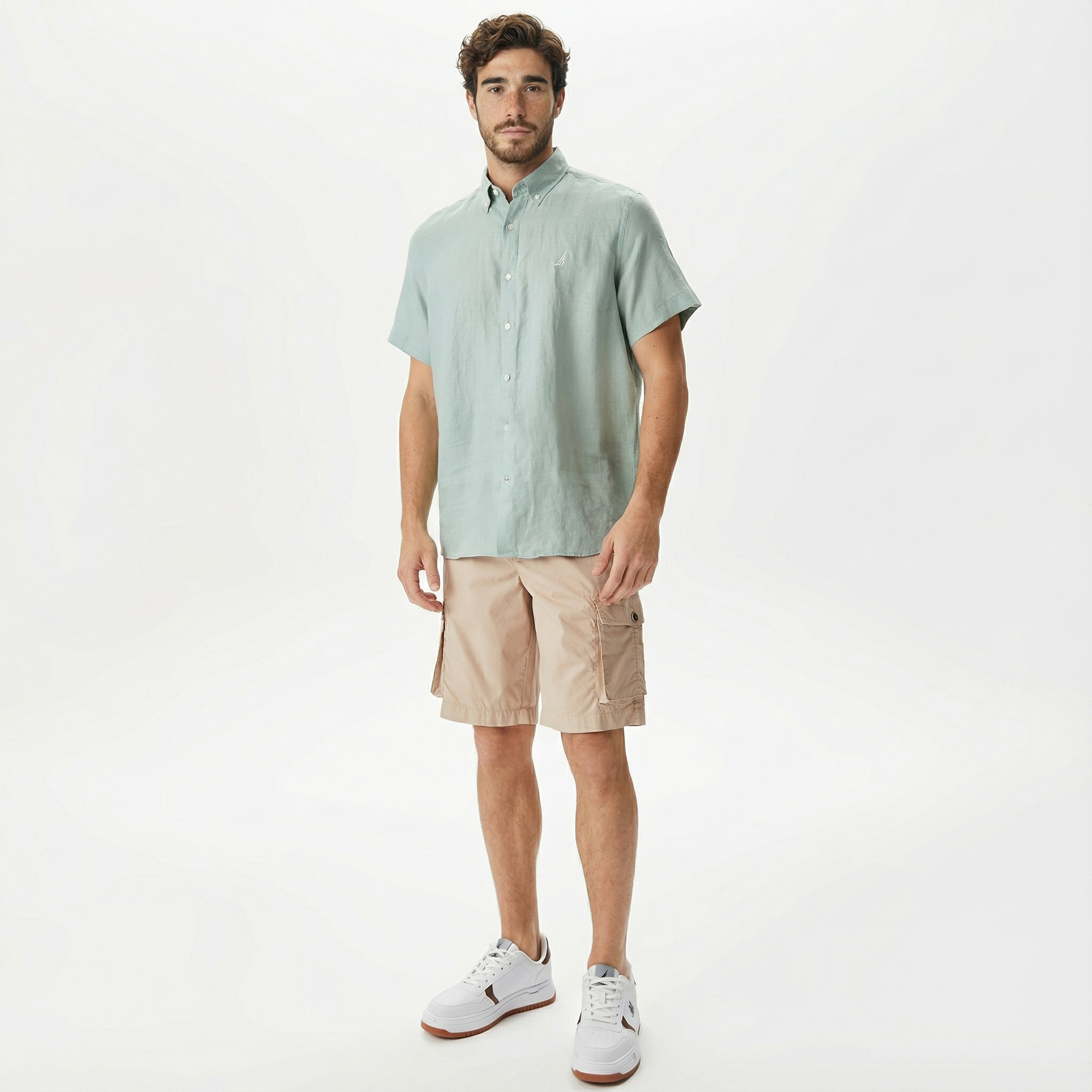  Nautica Erkek Yeşil Classic Fit Kısa Kollu Keten Gömlek