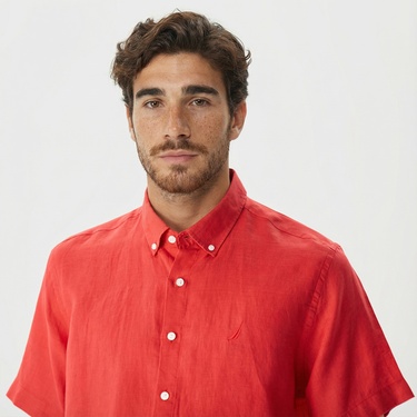  Nautica Erkek Turuncu Classic Fit Kısa Kollu Keten Gömlek