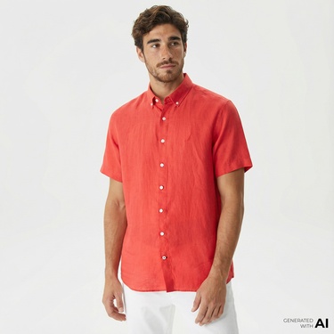  Nautica Erkek Turuncu Classic Fit Kısa Kollu Keten Gömlek