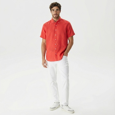  Nautica Erkek Turuncu Classic Fit Kısa Kollu Keten Gömlek
