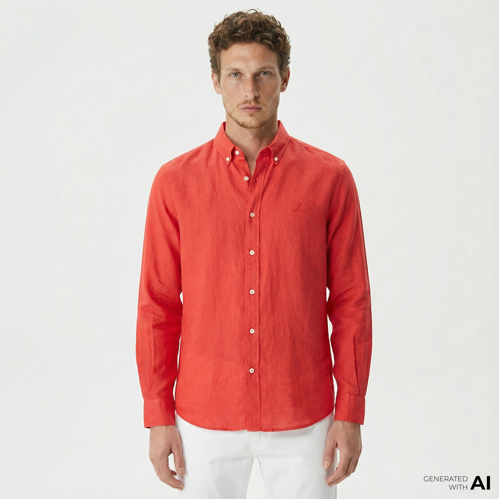  Nautica Erkek Kırmızı Classic Fit Uzun Kollu Keten Gömlek