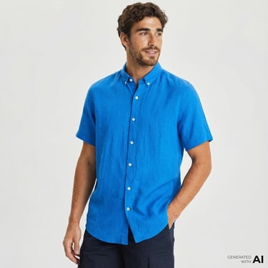  Nautica Erkek Mavi Classic Fit Kısa Kollu Keten Gömlek