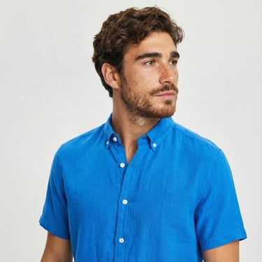  Nautica Erkek Mavi Classic Fit Kısa Kollu Keten Gömlek