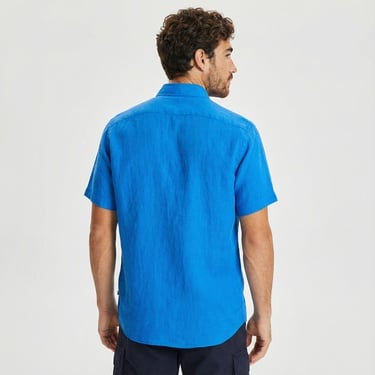  Nautica Erkek Mavi Classic Fit Kısa Kollu Keten Gömlek