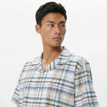  Nautica Erkek Krem Rengi Classic Fit Kısa Kollu Keten Gömlek