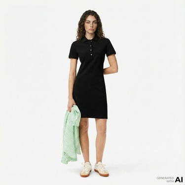  Lacoste Kadın Slim Fit Kısa Kollu Polo Yaka Siyah Elbise