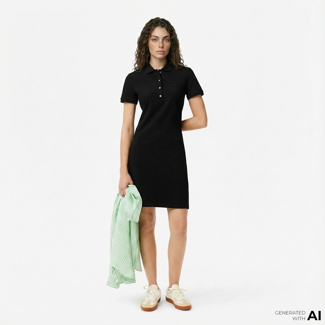  Lacoste Kadın Slim Fit Kısa Kollu Polo Yaka Siyah Elbise