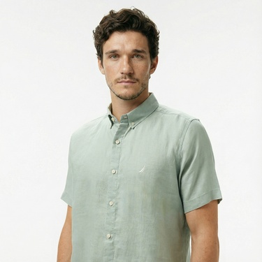  Nautica Erkek Haki Classic Fit Keten Gömlek