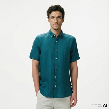  Nautica Erkek Yeşil Classic Fit Keten Gömlek