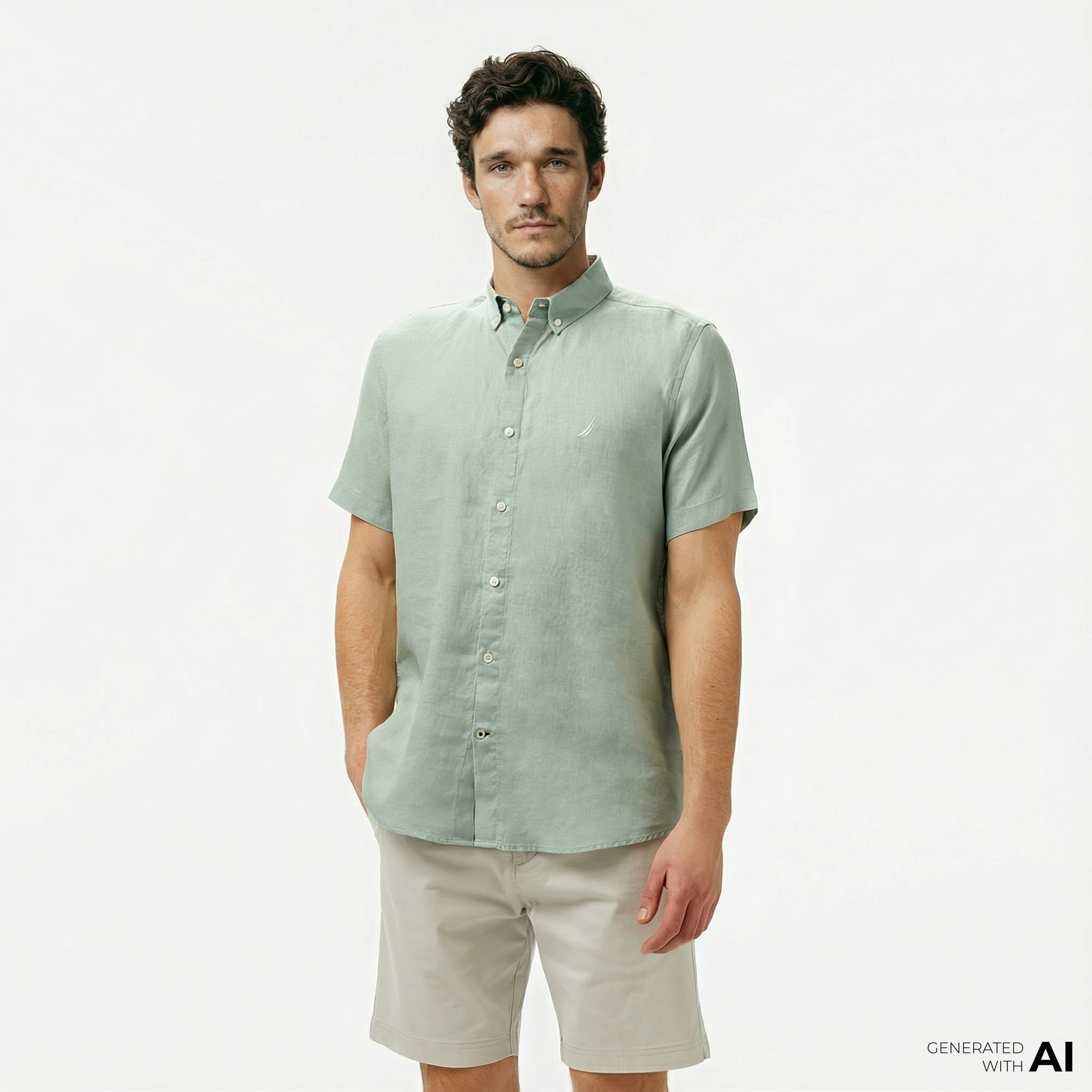  Nautica Erkek Haki Classic Fit Keten Gömlek