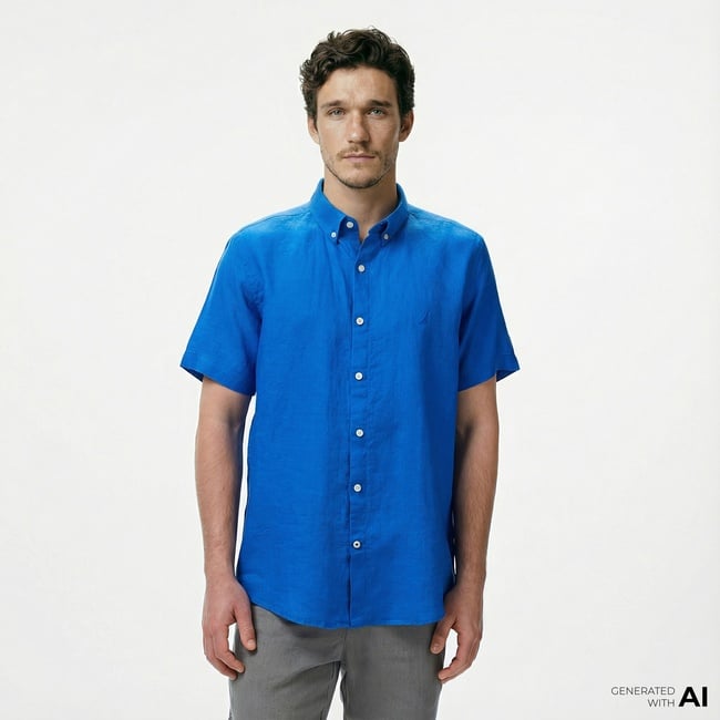  Nautica Erkek Mavi Classic Fit Keten Gömlek