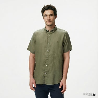  Nautica Erkek Haki Classic Fit Keten Gömlek