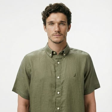  Nautica Erkek Haki Classic Fit Keten Gömlek