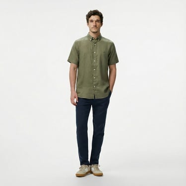 Nautica Erkek Haki Classic Fit Keten Gömlek