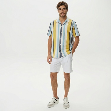  Nautica Erkek Çizgili Classic Renkli Fit Kısa Kollu Keten Gömlek