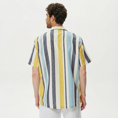  Nautica Erkek Çizgili Classic Renkli Fit Kısa Kollu Keten Gömlek