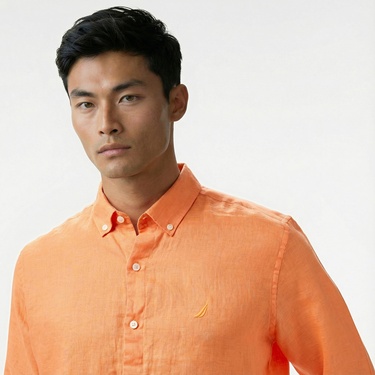  Nautica Erkek Turuncu Classic Fit Keten Gömlek