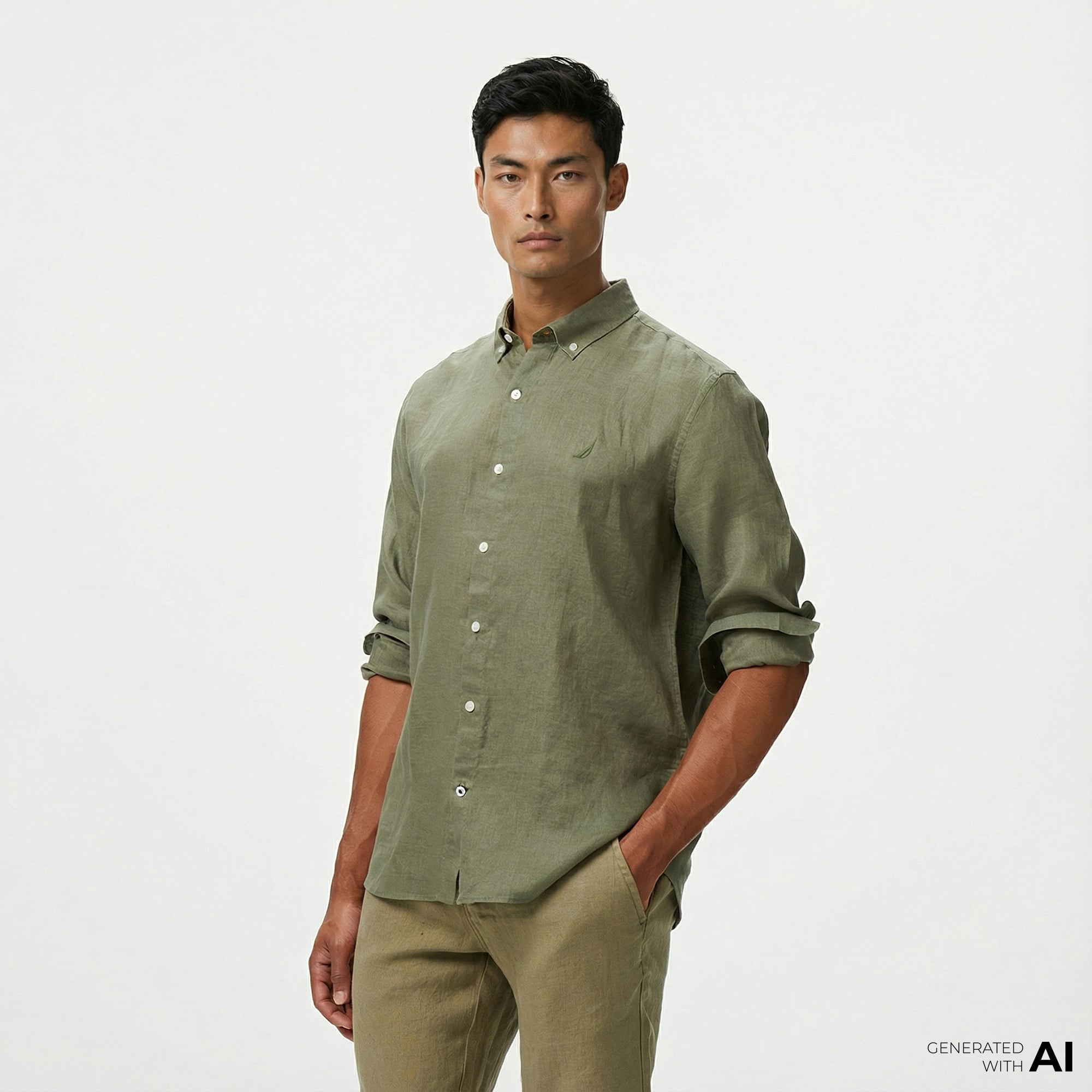  Nautica Erkek Yeşil Classic Fit Keten Gömlek