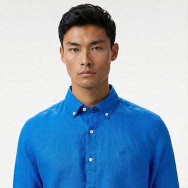  Nautica Erkek Mavi Classic Fit Keten Gömlek