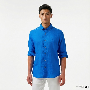  Nautica Erkek Mavi Classic Fit Keten Gömlek