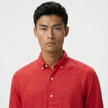  Nautica Erkek Kırmızı Classic Fit Keten Gömlek