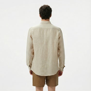  Nautica Erkek Bej Classic Fit Çizgili Keten Gömlek