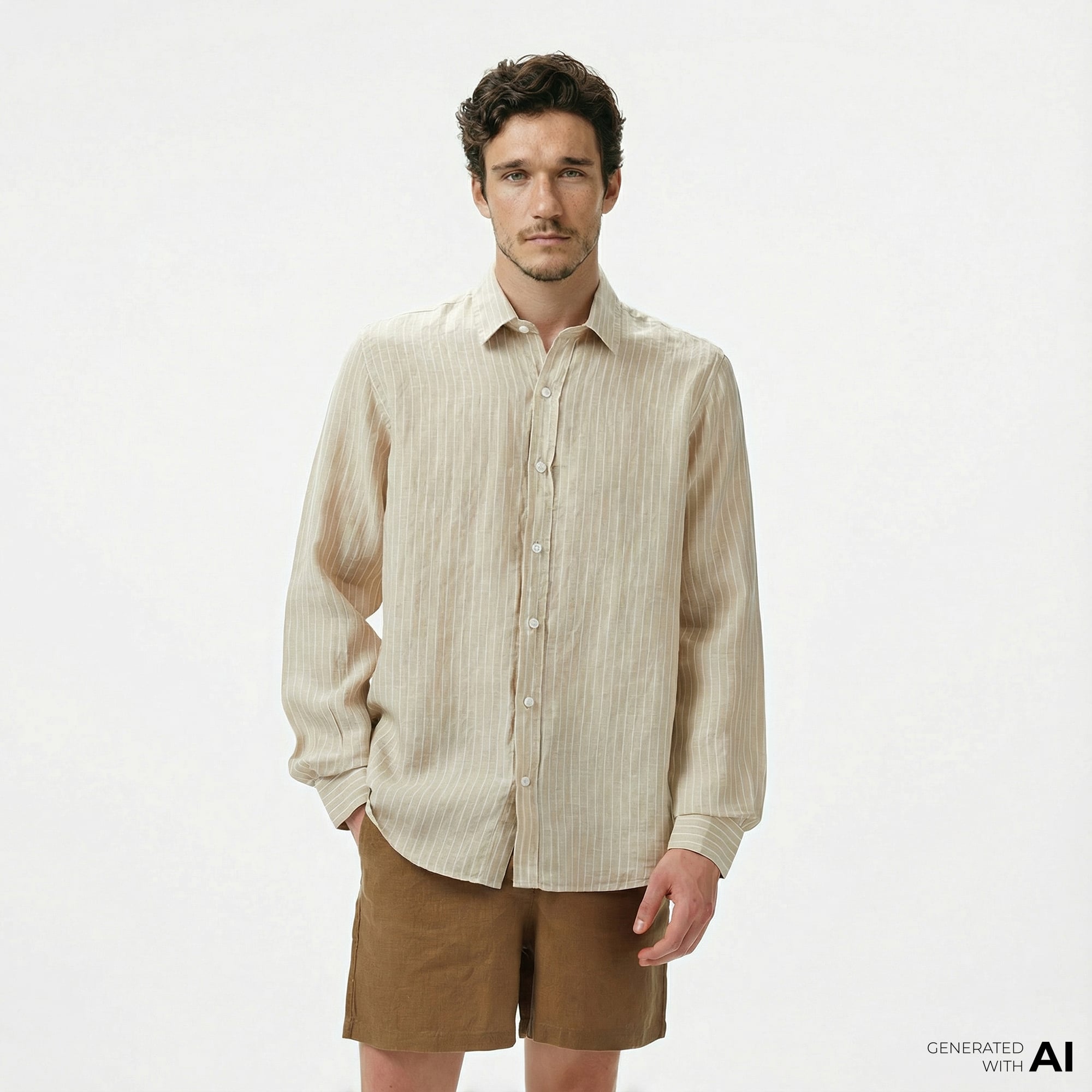  Nautica Erkek Bej Classic Fit Çizgili Keten Gömlek