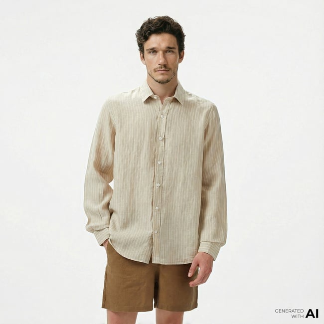  Nautica Erkek Bej Classic Fit Çizgili Keten Gömlek