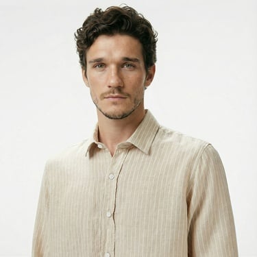  Nautica Erkek Bej Classic Fit Çizgili Keten Gömlek