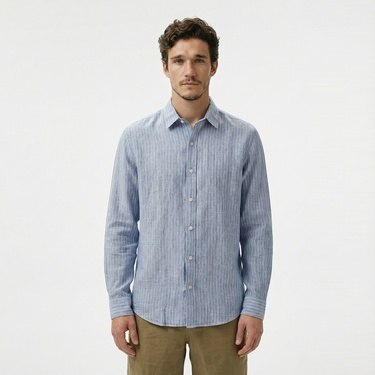  Nautica Erkek Mavi Classic Fit Çizgili Keten Gömlek