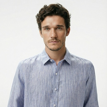  Nautica Erkek Mavi Classic Fit Çizgili Keten Gömlek