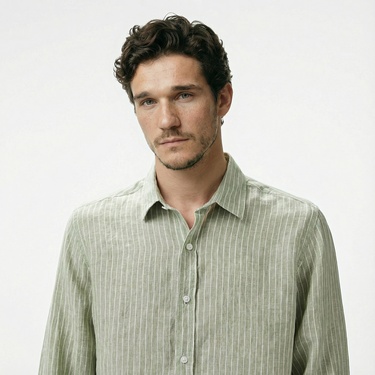  Nautica Erkek Yeşil Classic Fit Çizgili Keten Gömlek