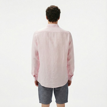  Nautica Erkek Pembe Classic Fit Çizgili Keten Gömlek