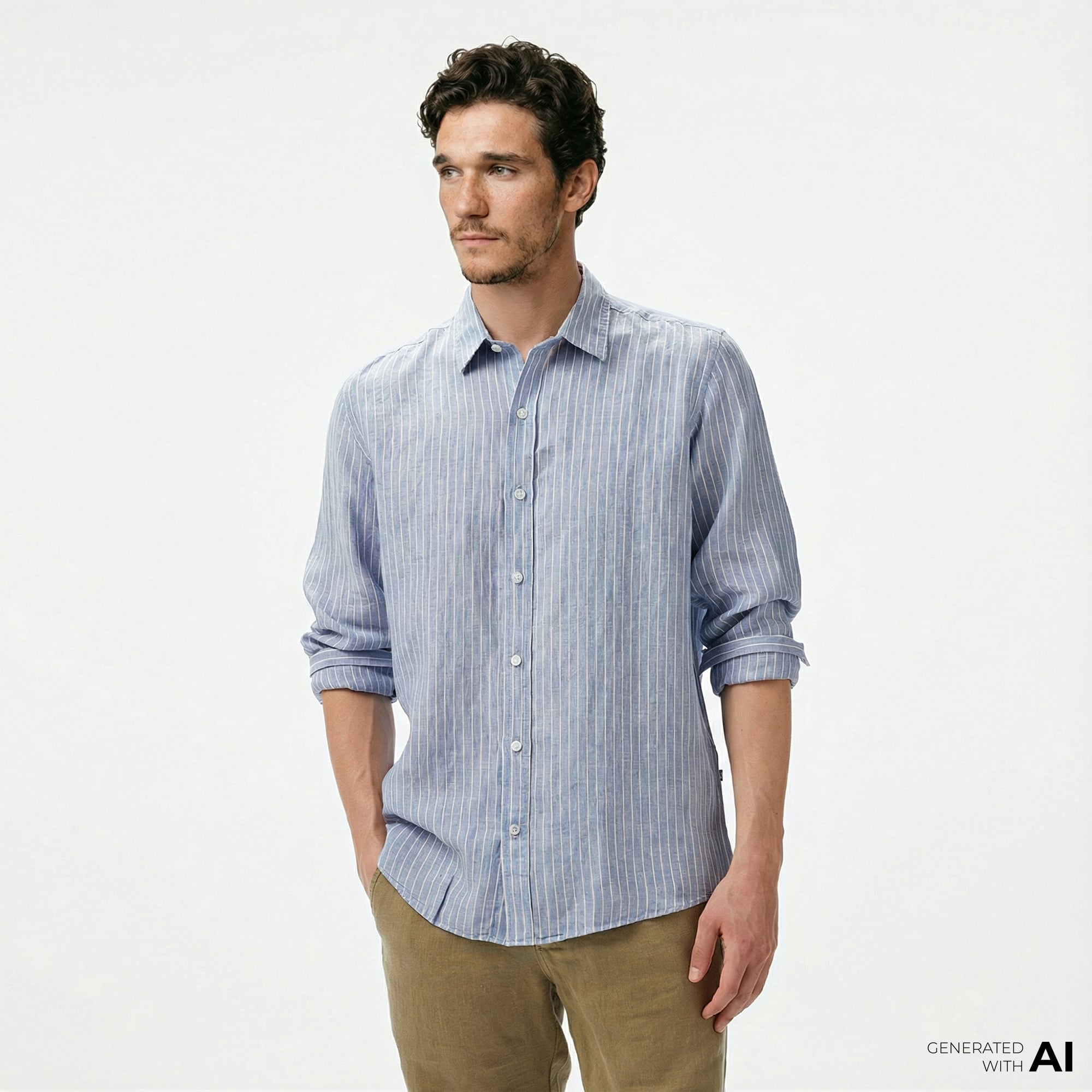  Nautica Erkek Mavi Classic Fit Çizgili Keten Gömlek