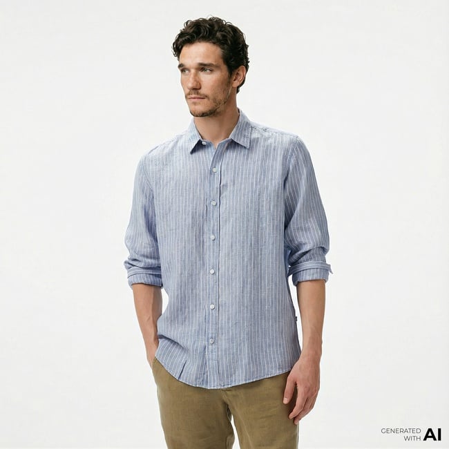  Nautica Erkek Mavi Classic Fit Çizgili Keten Gömlek