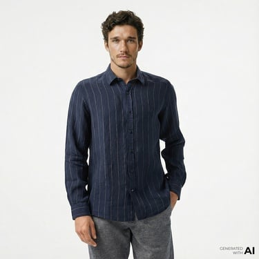  Nautica Erkek Lacivert Classic Fit Çizgili Gömlek