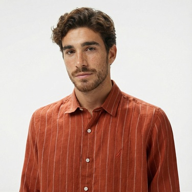  Nautica Erkek Kırmızı Classic Fit Çizgili Keten Gömlek