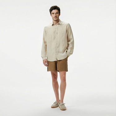  Nautica Erkek Bej Classic Fit Çizgili Keten Gömlek