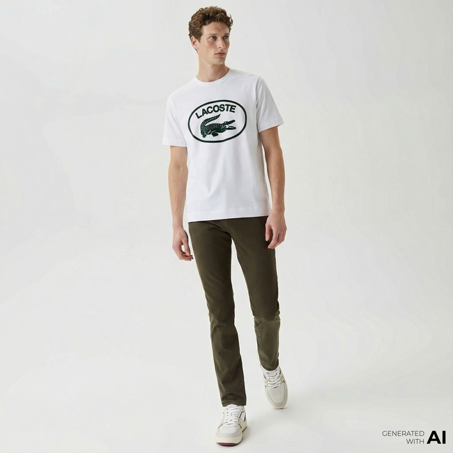  Lacoste Erkek Relaxed Fit Bisiklet Yaka Baskılı Beyaz T-Shirt