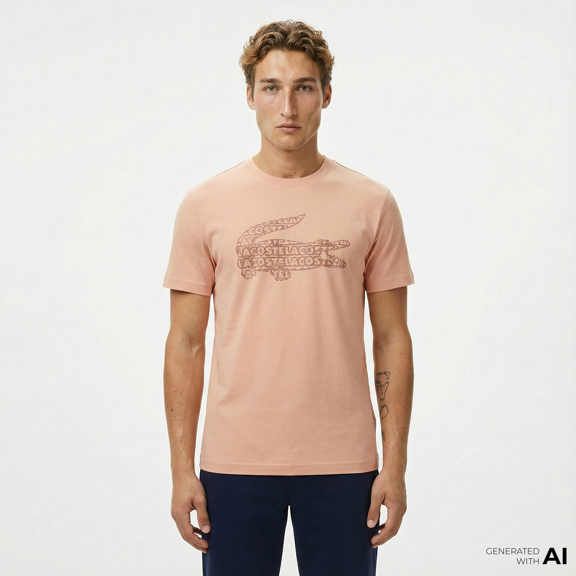  Lacoste Erkek Regular Fit Bisiklet Yaka Baskılı Açık Kahverengi T-Shirt